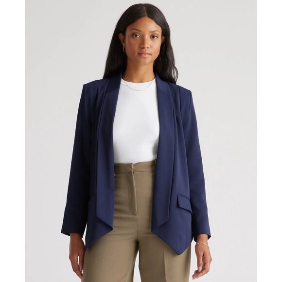 Quince Crepe Open Front Blazer sz S Navy Blue Wrinklefree Career Shoulder Pads - Picture 7 of 7